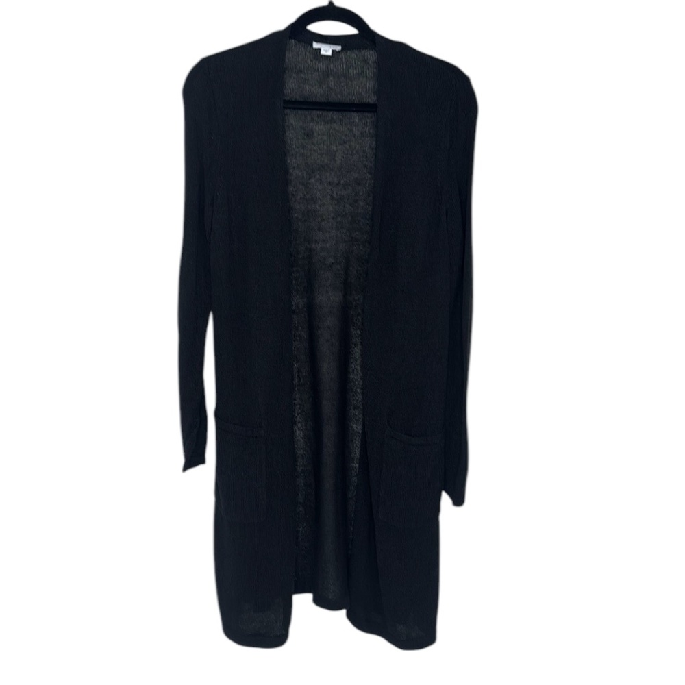 J Jill Black Linen Blend Open Weave Open Front Long Line Cardigan Sweater XS